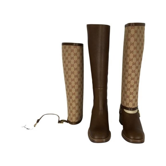 Gucci Women's Ruggine Cuir Monogram GG Print Removable Gaiter Boots DM15 - Picture 5 of 13